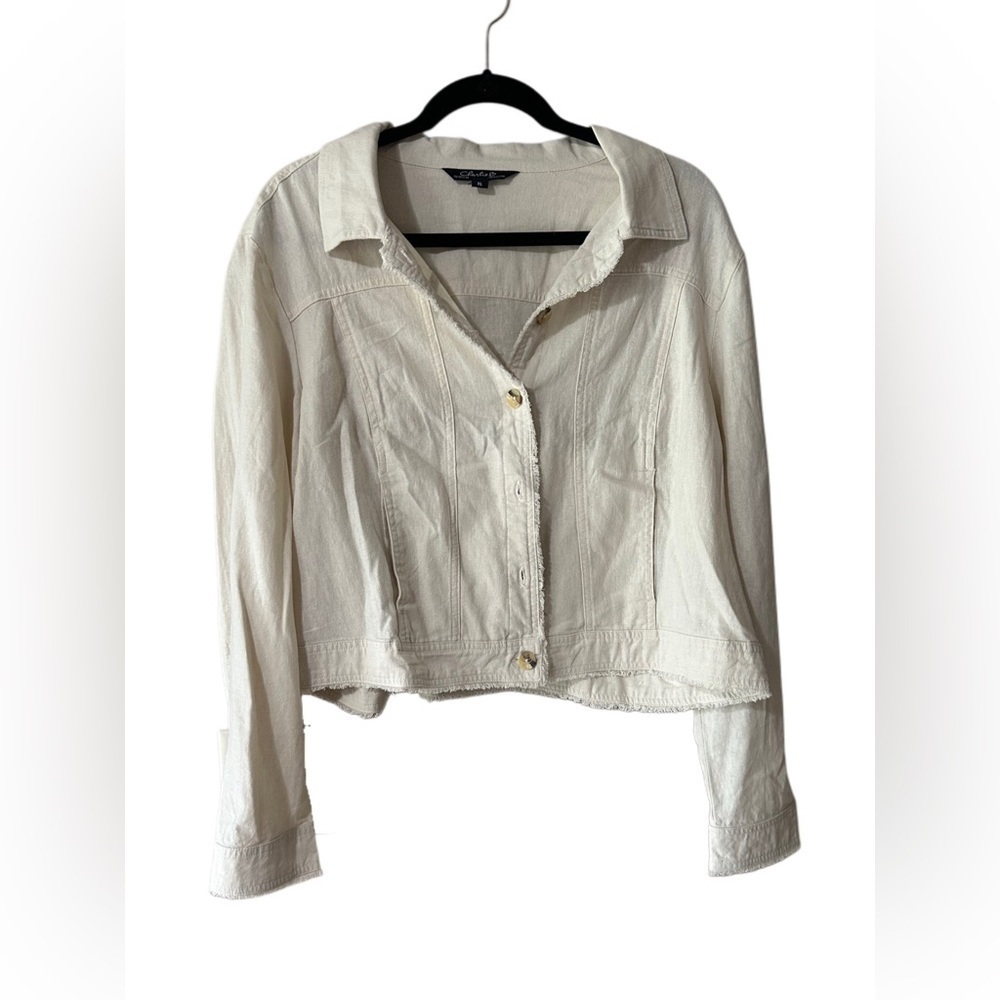 CHARLIE B Cream Jean Button Up Jacket Fringe XL Pockets
